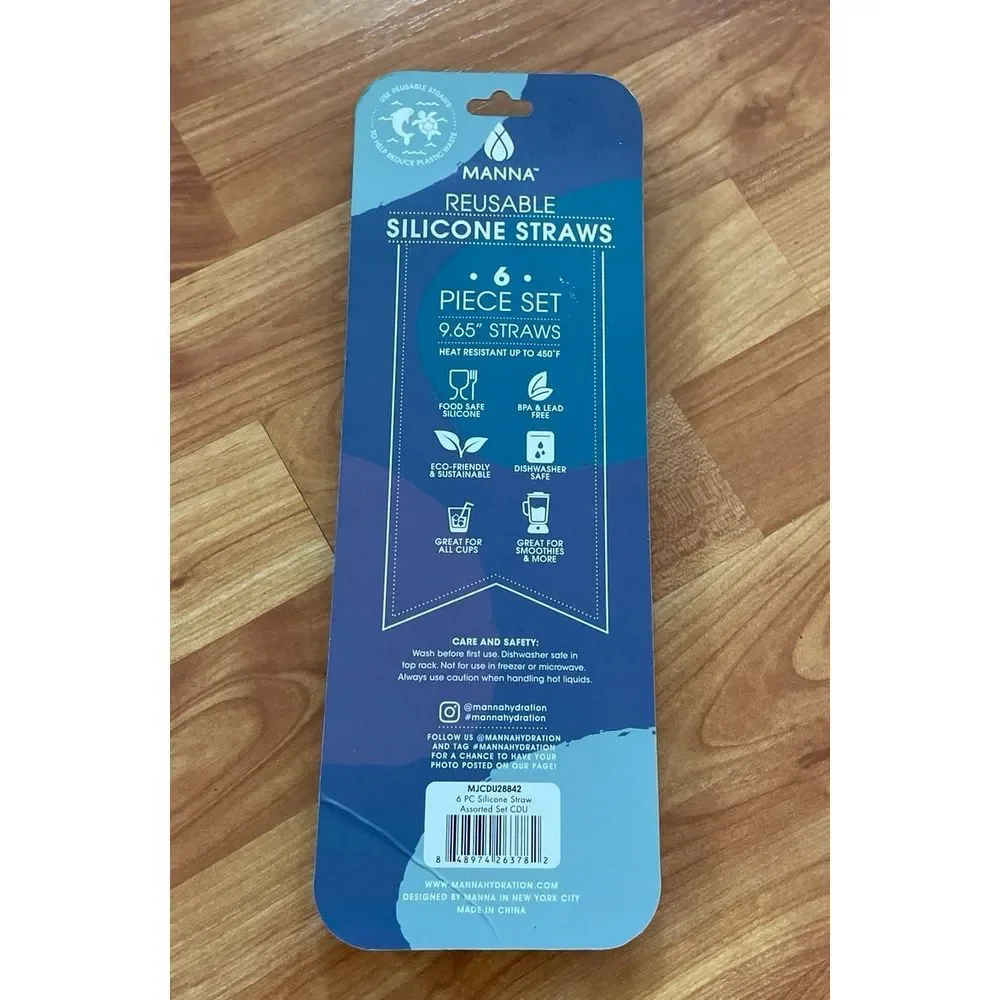 Manna Brand - 6 Piece Silicone Drinking Straw Set, Multicolored & BPA Free: NEW